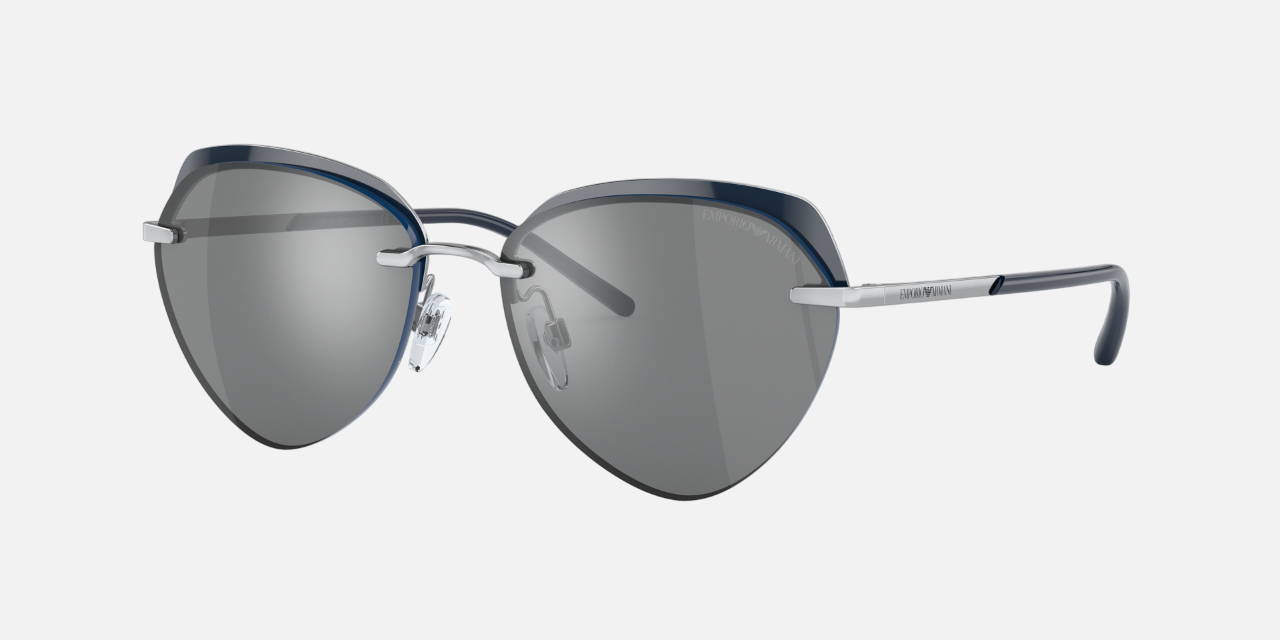 Emporio Armani EA 2133 30156G butterfly sunglasses for women in rimless metal, with shiny silver frame, and gray mirrored silver lenses. 57mm in lens size, 16mm in bridge size, and 140mm in temple length.