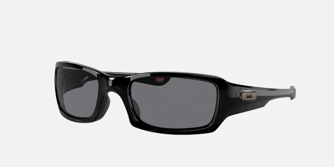 Oakley Fives Squared 04 rectangular sunglasses for men in full rim plastic, with black frame, and grey lenses. 54mm in lens size, 20mm in bridge size, and 133mm in temple length.
