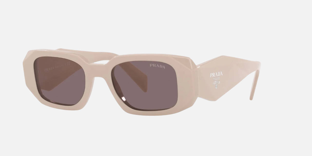 Prada PR 17WS VYJ6X1 rectangular sunglasses for women in full rim acetate, with light brown cream frame, and purple lenses. 49mm in lens size, 20mm in bridge size, and 145mm in temple length.
