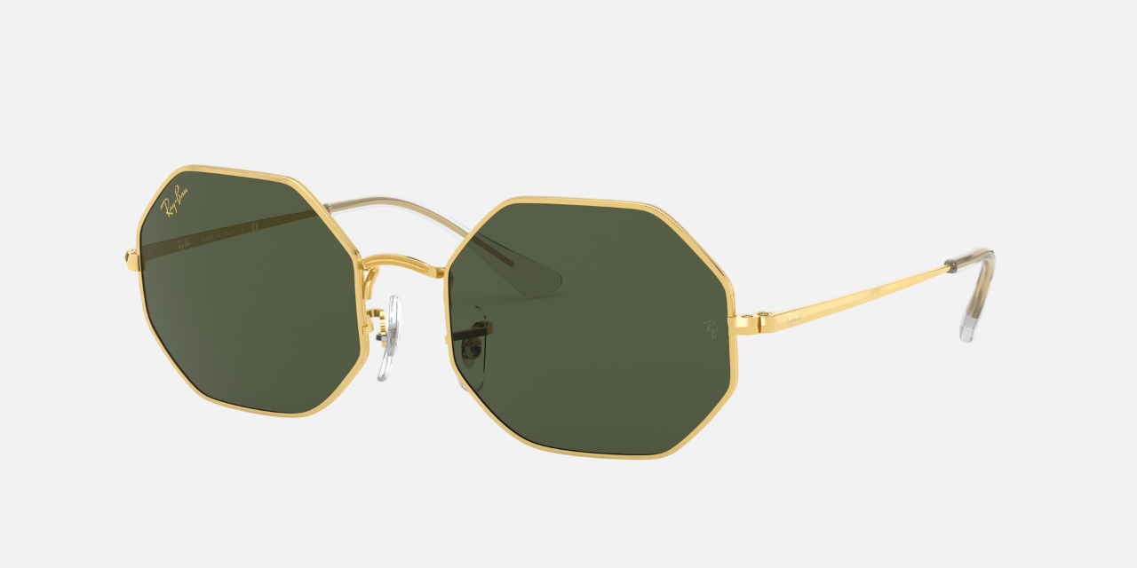 Ray-Ban RB1972 919631 octagonal sunglasses for unisex in rimless metal, with legend gold frame, and green lenses. 54mm in lens size, 19mm in bridge size, and 145mm in temple length.