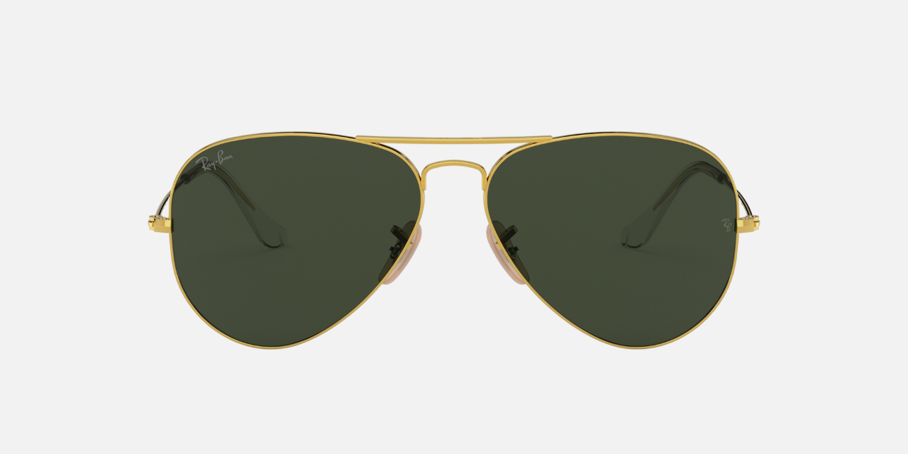 Ray-Ban Aviator Collection RB3025 W3400 pilot sunglasses for unisex in full rim metal, with polished arista gold frame, and g-15 green lenses. 58mm in lens size, 14mm in bridge size, and 135mm in temple length.