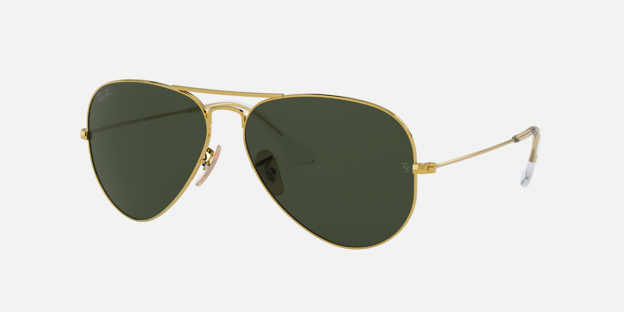 Ray-Ban Aviator Collection RB3025 W3400 pilot sunglasses for unisex in full rim metal, with polished arista gold frame, and g-15 green lenses. 58mm in lens size, 14mm in bridge size, and 135mm in temple length.