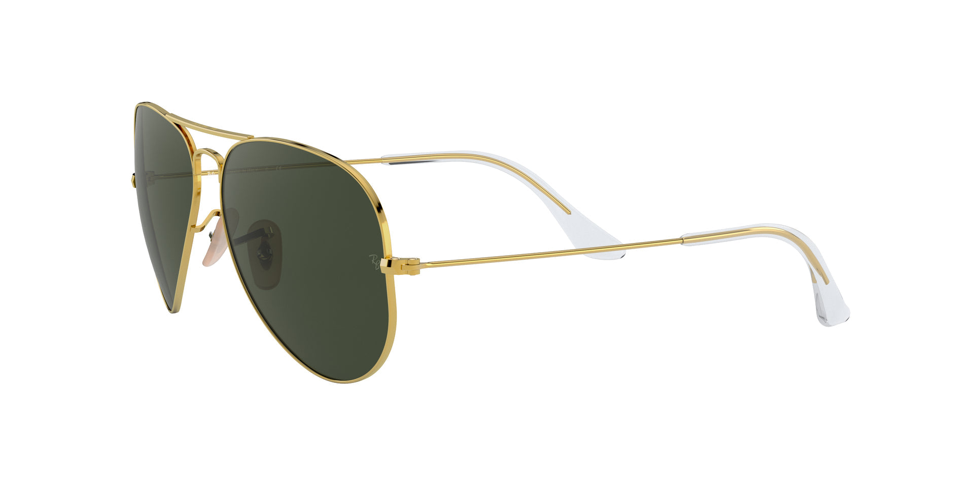Ray-Ban Aviator Collection RB3025 W3400 pilot sunglasses for unisex in full rim metal, with polished arista gold frame, and g-15 green lenses. 58mm in lens size, 14mm in bridge size, and 135mm in temple length.