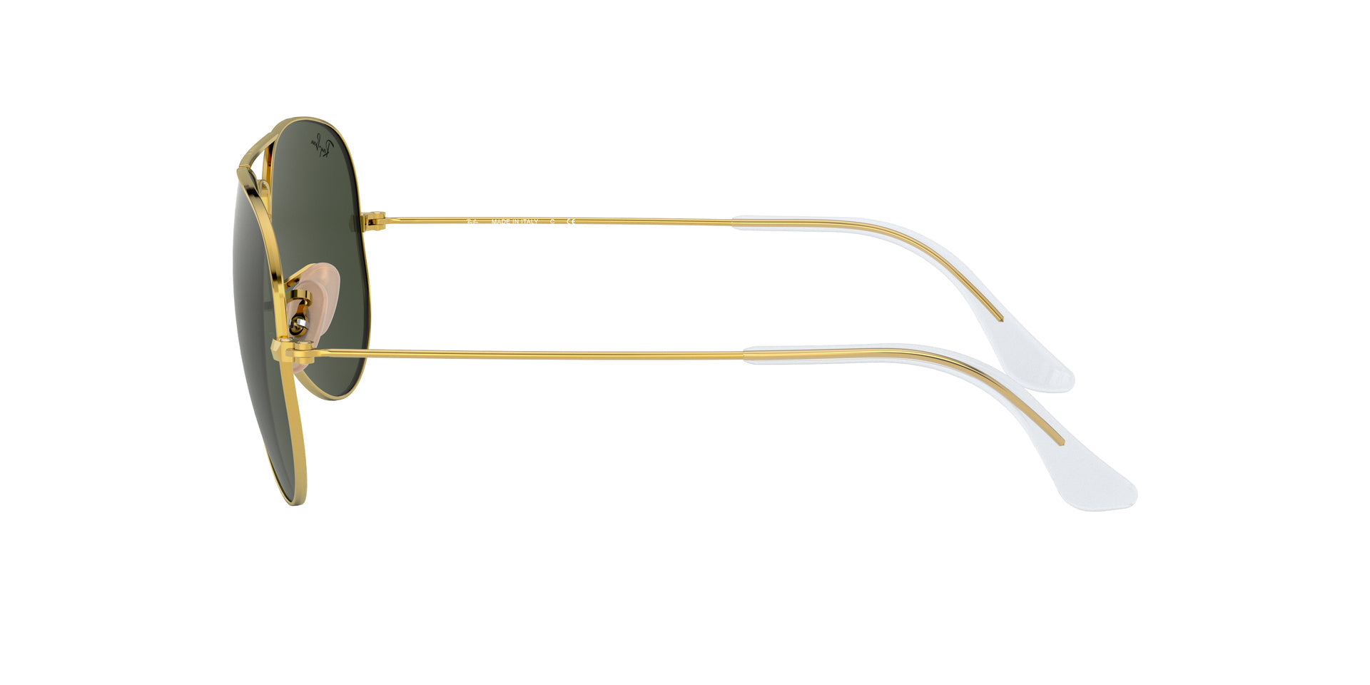 Ray-Ban Aviator Collection RB3025 W3400 pilot sunglasses for unisex in full rim metal, with polished arista gold frame, and g-15 green lenses. 58mm in lens size, 14mm in bridge size, and 135mm in temple length.