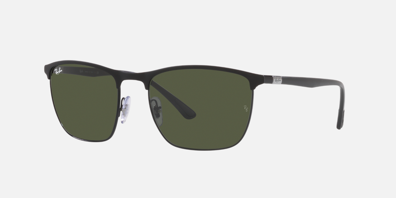 Ray-Ban RB3686 186/31 square sunglasses for unisex in rimless metal, with black frame, and green lenses. 57mm in lens size, 19mm in bridge size, and 140mm in temple length.