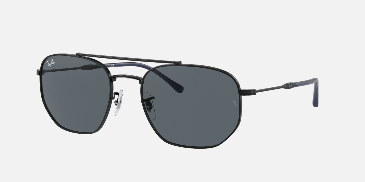 Ray-Ban RB3707 9257R5 hexagonal sunglasses for unisex in full rim metal, with black frame, and blue lenses. 57mm in lens size, 20mm in bridge size, and 145mm in temple length.