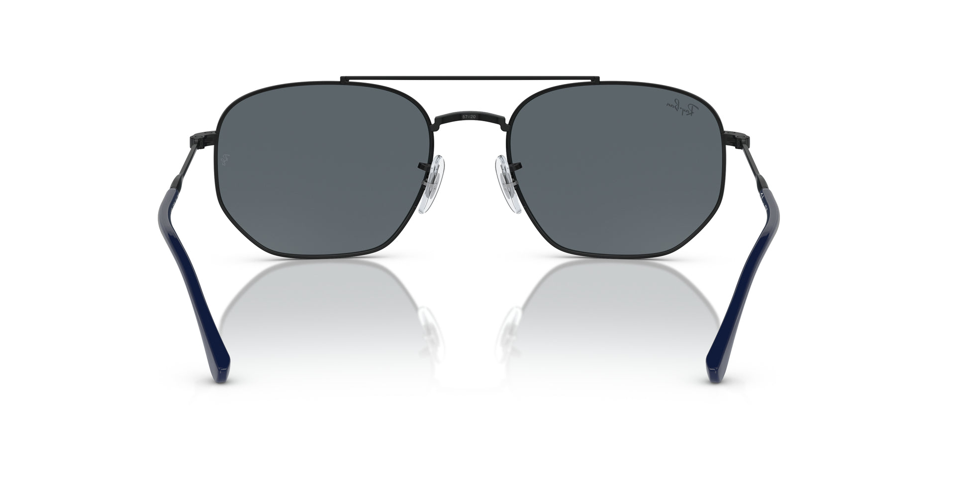 Ray-Ban RB3707 9257R5 hexagonal sunglasses for unisex in full rim metal, with black frame, and blue lenses. 57mm in lens size, 20mm in bridge size, and 145mm in temple length.