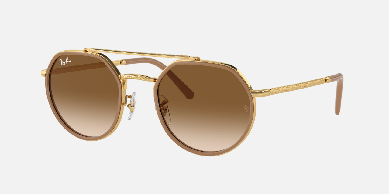 Ray-Ban RB3765 001/51 round sunglasses for unisex in full rim metal, with gold frame, and light brown lenses. 53mm in lens size, 22mm in bridge size, and 145mm in temple length.