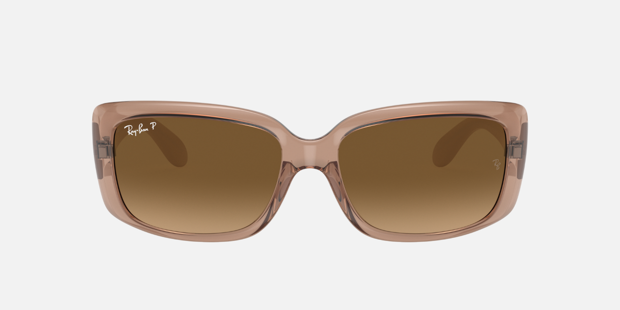 Ray-Ban RB4389 6644M2 pillow sunglasses for women in full rim plastic, with transparent brown frame, and brown lenses. 55mm in lens size, 17mm in bridge size, and 135mm in temple length.