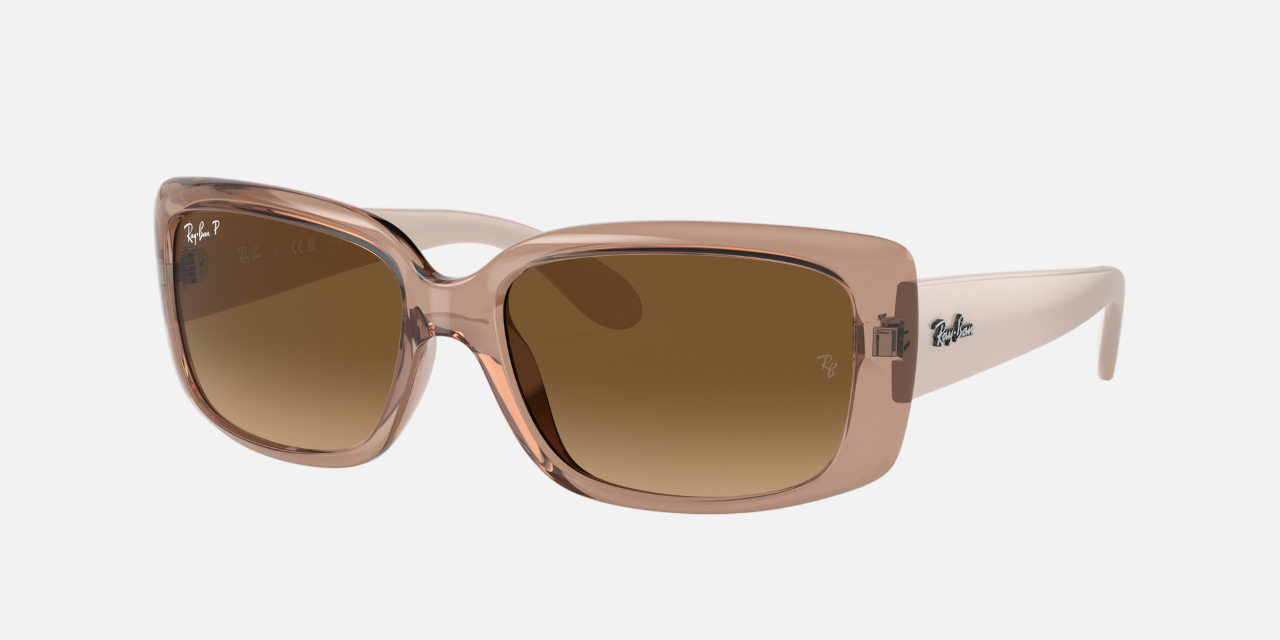 Ray-Ban RB4389 6644M2 pillow sunglasses for women in full rim plastic, with transparent brown frame, and brown lenses. 55mm in lens size, 17mm in bridge size, and 135mm in temple length.