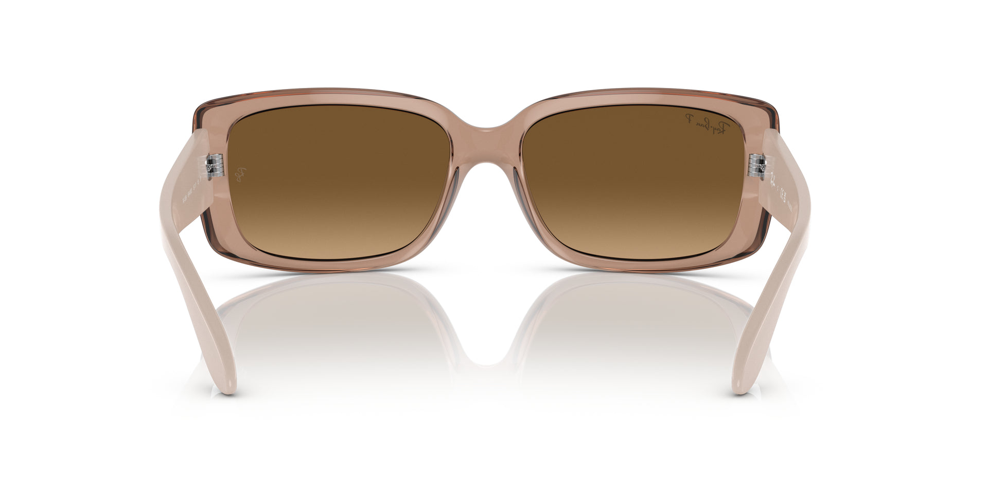 Ray-Ban RB4389 6644M2 pillow sunglasses for women in full rim plastic, with transparent brown frame, and brown lenses. 55mm in lens size, 17mm in bridge size, and 135mm in temple length.