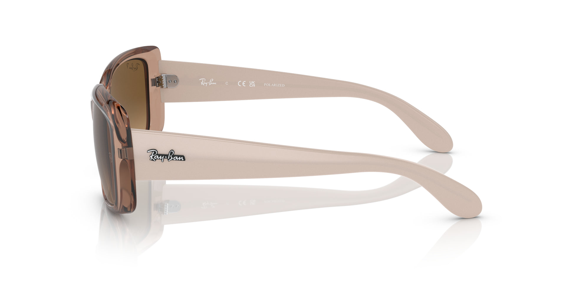 Ray-Ban RB4389 6644M2 pillow sunglasses for women in full rim plastic, with transparent brown frame, and brown lenses. 55mm in lens size, 17mm in bridge size, and 135mm in temple length.