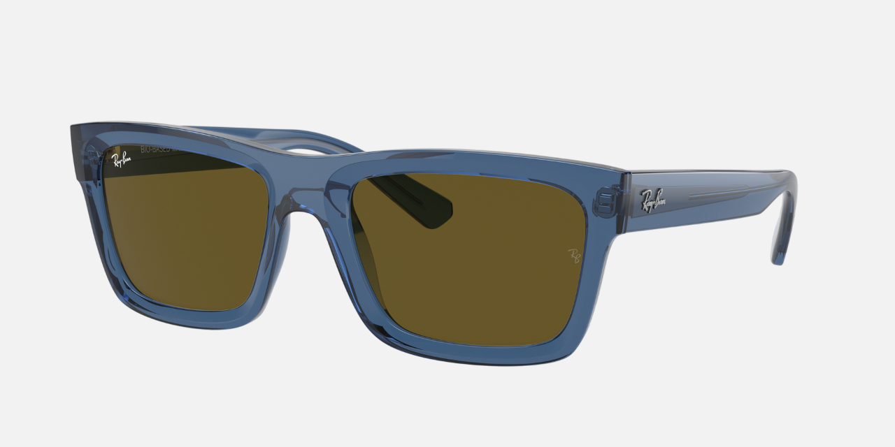 Ray-Ban Warren RB4396 668073 rectangular sunglasses for unisex in full rim plastic, with transparent dark blue frame, and dark brown lenses. 57mm in lens size, 20mm in bridge size, and 145mm in temple length.