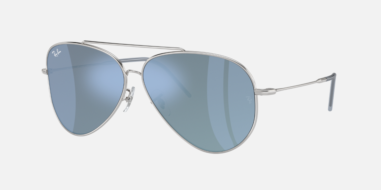 Ray-Ban Aviator Reverse RBR0101S 003/GA pilot sunglasses for unisex in full rim metal, with polished silver frame, and light blue lenses. 62mm in lens size, 11mm in bridge size, and 145mm in temple length.