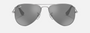 Ray-Ban Junior Aviator Kids RJ9506S 212/6G pilot sunglasses for kids in full rim metal, with polished silver frame, and grey/silver lenses. 52mm in lens size, 14mm in bridge size, and 125mm in temple length.