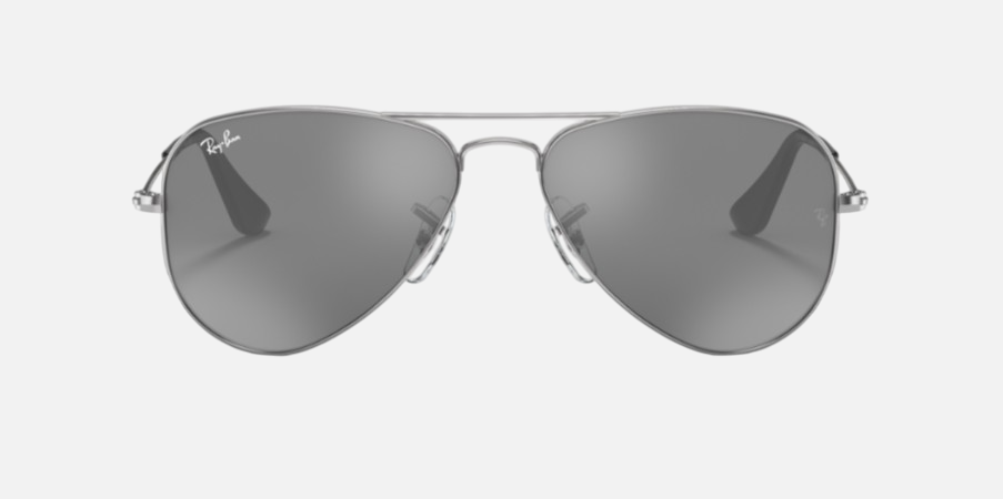 Ray-Ban Junior Aviator Kids RJ9506S 212/6G pilot sunglasses for kids in full rim metal, with polished silver frame, and grey/silver lenses. 52mm in lens size, 14mm in bridge size, and 125mm in temple length.