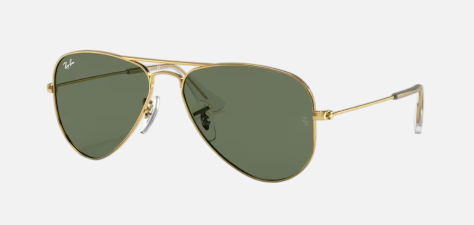 Ray-Ban Junior Aviator Kids RJ9506S 223/71 pilot sunglasses for kids in full rim metal, with polished arista gold
  frame, and dark green lenses. 52mm in lens size, 14mm in bridge size, and 125mm in temple length.
