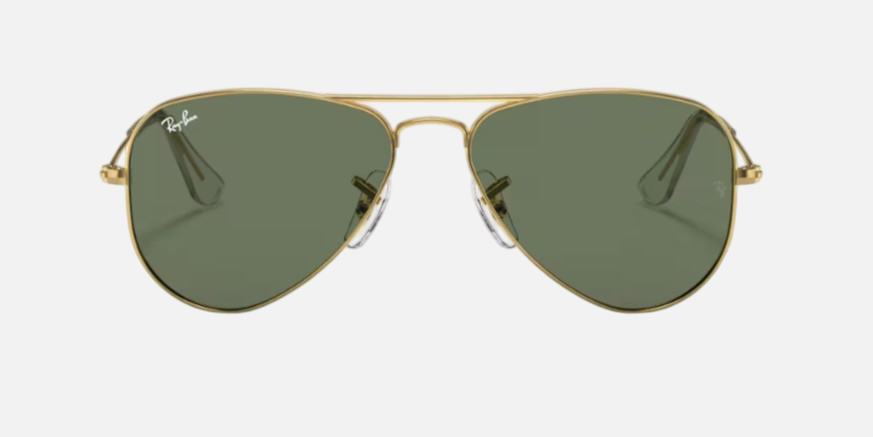 Ray-Ban Junior Aviator Kids RJ9506S 223/71 pilot sunglasses for kids in full rim metal, with polished arista gold
  frame, and dark green lenses. 52mm in lens size, 14mm in bridge size, and 125mm in temple length.