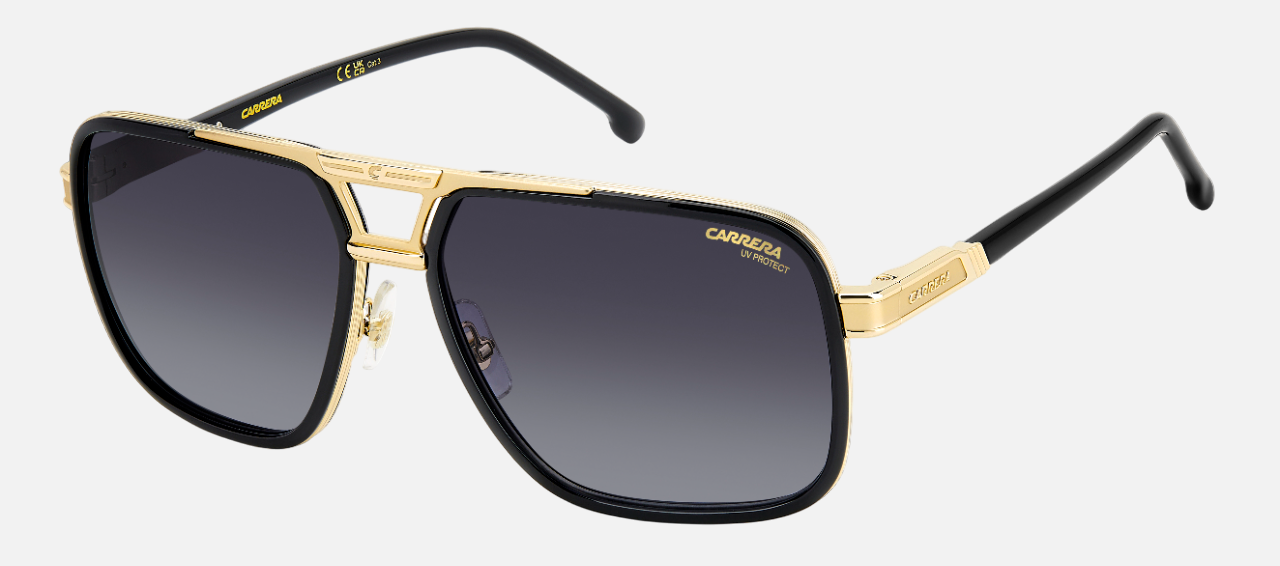 Carrera 1071/S 2M2 pilot sunglasses for men in full rim metal, with black gold frame, and gradient grey lenses. 61mm in lens size, 16mm in bridge size, and 145mm in temple length.