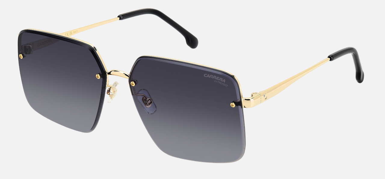 Carrera 3044/S RHL square sunglasses for women in rimless metal, with gold black frame, and gradient dark grey mirror lenses. 61mm in lens size, 14mm in bridge size, and 140mm in temple length.