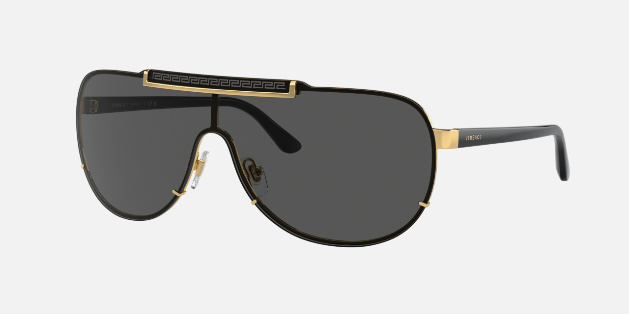 Versace VE2140 100287 pilot sunglasses for men in semi-rimless metal, with gold frame, and dark grey lenses. 140mm in lens size, 0mm in bridge size, and 135mm in temple length.