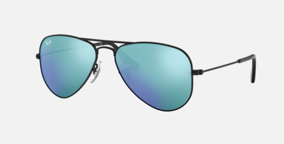 Ray-Ban Junior Aviator Kids RJ9506S 201/55 pilot sunglasses for kids in full rim metal, with matte black frame, and blue flash lenses. 52mm in lens size, 14mm in bridge size, and 125mm in temple length.
