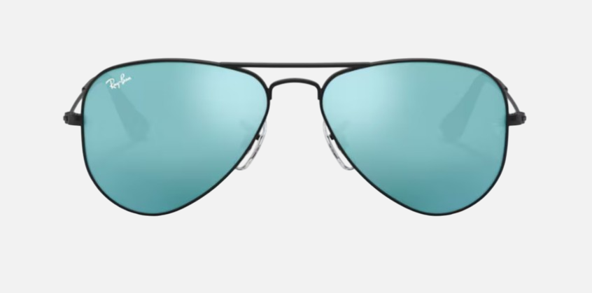Ray-Ban Junior Aviator Kids RJ9506S 201/55 pilot sunglasses for kids in full rim metal, with matte black frame, and blue flash lenses. 52mm in lens size, 14mm in bridge size, and 125mm in temple length.