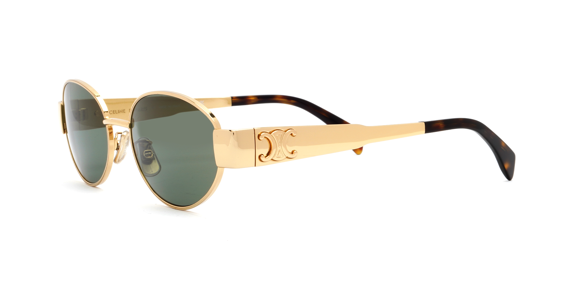 Celine Triomphe Metal 01 CL40235U 30N oval sunglasses for women in full rim metal, with gold frame, and green lenses. 54mm in lens size, 18mm in bridge size, and 135mm in temple length.