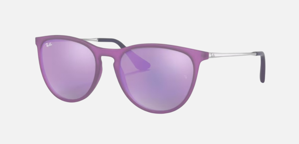 Ray-Ban Junior Erika Kids RJ9060S 70084V phantos sunglasses for kids in full rim injected, with matte violet fluo frame, and grey /violet lenses. 50mm in lens size, 15mm in bridge size, and 130mm in temple length.