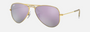 Ray-Ban Junior Aviator Kids RJ9506S 249/4V pilot sunglasses for kids in full rim metal, with matte gold frame, and lilac flash lenses. 52mm in lens size, 14mm in bridge size, and 125mm in temple length.