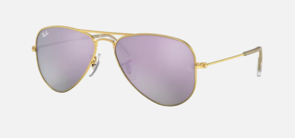 Ray-Ban Junior Aviator Kids RJ9506S 249/4V pilot sunglasses for kids in full rim metal, with matte gold frame, and lilac flash lenses. 52mm in lens size, 14mm in bridge size, and 125mm in temple length.