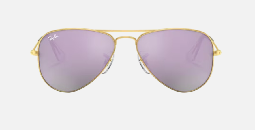 Ray-Ban Junior Aviator Kids RJ9506S 249/4V pilot sunglasses for kids in full rim metal, with matte gold frame, and lilac flash lenses. 52mm in lens size, 14mm in bridge size, and 125mm in temple length.