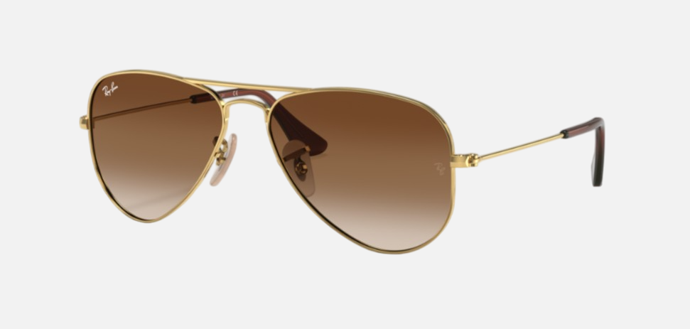 Ray-Ban Junior Aviator Kids RJ9506S 223/13 pilot sunglasses for kids in full rim metal, with polished arista gold frame, and brown lenses. 52mm in lens size, 14mm in bridge size, and 125mm in temple length.