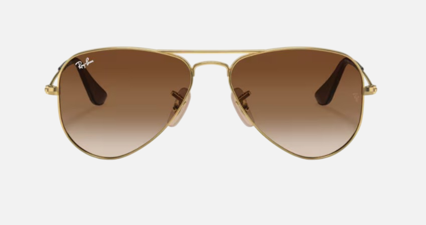 Ray-Ban Junior Aviator Kids RJ9506S 223/13 pilot sunglasses for kids in full rim metal, with polished arista gold frame, and brown lenses. 52mm in lens size, 14mm in bridge size, and 125mm in temple length.