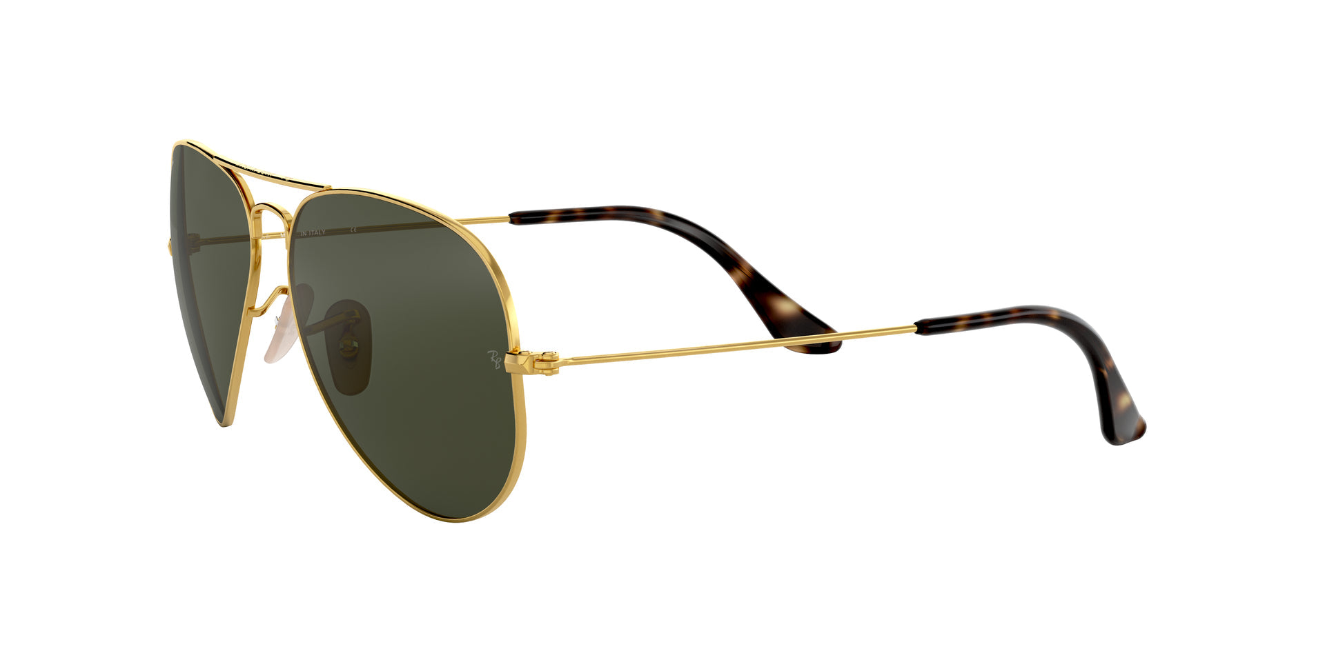 Ray-Ban Aviator Havana Collection RB3025 181 aviator sunglasses for unisex in full rim metal, with gold frame, and green lenses. 62mm in lens size, 14mm in bridge size, and 140mm in temple length.