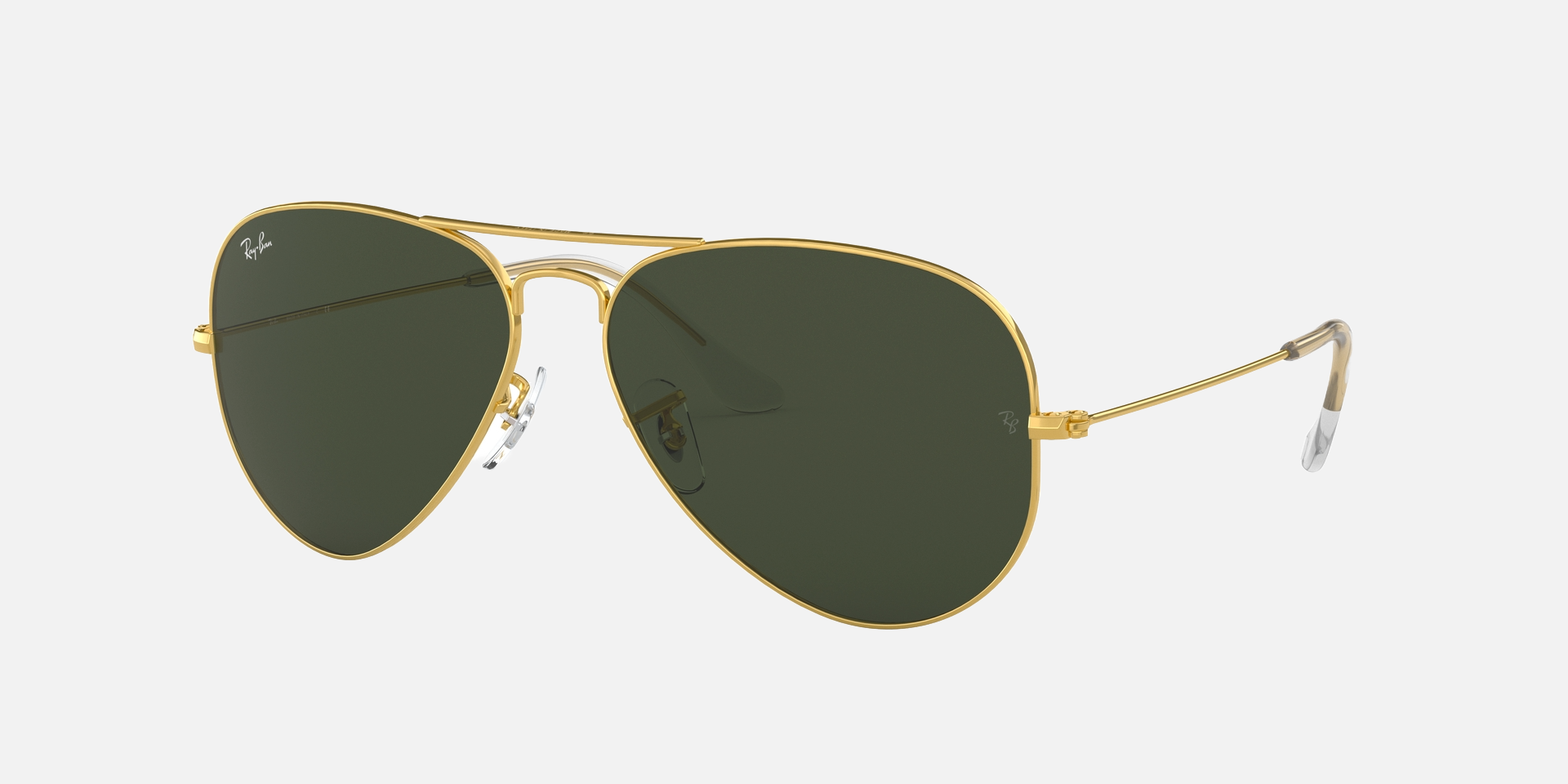 Ray-Ban Aviator Classic RB3025 001 aviator sunglasses for unisex in full rim metal, with gold frame, and green lenses. 62mm in lens size, 14mm in bridge size, and 140mm in temple length.