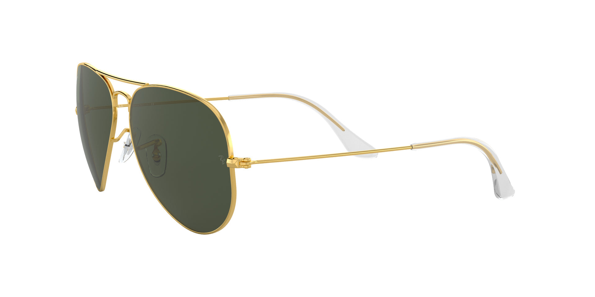 Ray-Ban Aviator Classic RB3025 001 aviator sunglasses for unisex in full rim metal, with gold frame, and green lenses. 62mm in lens size, 14mm in bridge size, and 140mm in temple length.