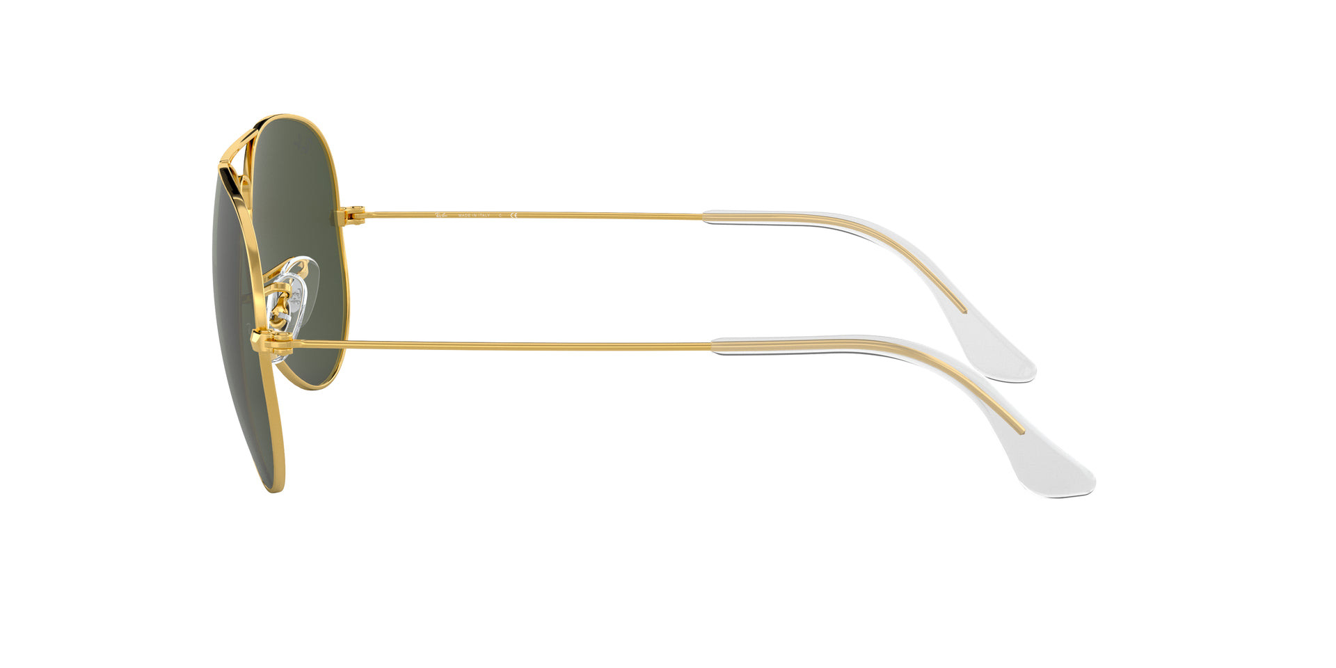 Ray-Ban Aviator Classic RB3025 001 aviator sunglasses for unisex in full rim metal, with gold frame, and green lenses. 62mm in lens size, 14mm in bridge size, and 140mm in temple length.