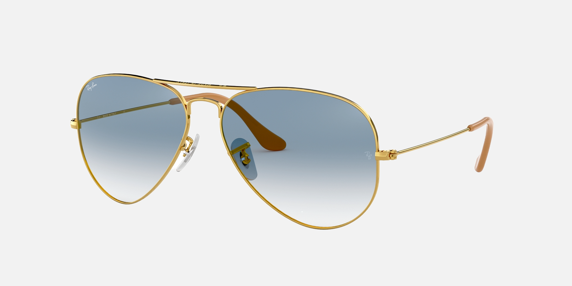 Ray-Ban Aviator Gradient RB3025 001/3F aviator sunglasses for unisex in full rim metal, with gold frame, and light blue lenses. 58mm in lens size, 14mm in bridge size, and 135mm in temple length.