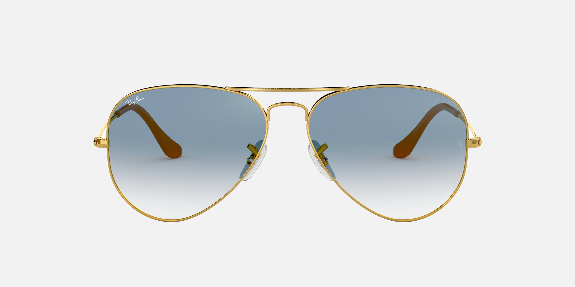 Ray-Ban Aviator Gradient RB3025 001/3F aviator sunglasses for unisex in full rim metal, with gold frame, and light blue lenses. 62mm in lens size, 14mm in bridge size, and 135mm in temple length.
