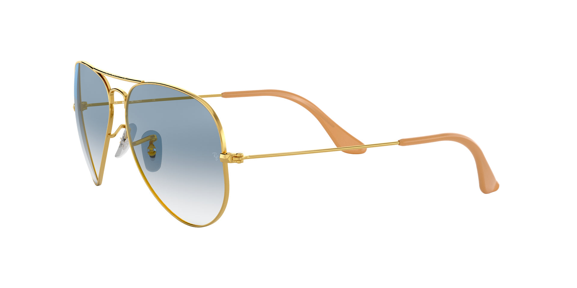 Ray-Ban Aviator Gradient RB3025 001/3F aviator sunglasses for unisex in full rim metal, with gold frame, and light blue lenses. 62mm in lens size, 14mm in bridge size, and 135mm in temple length.