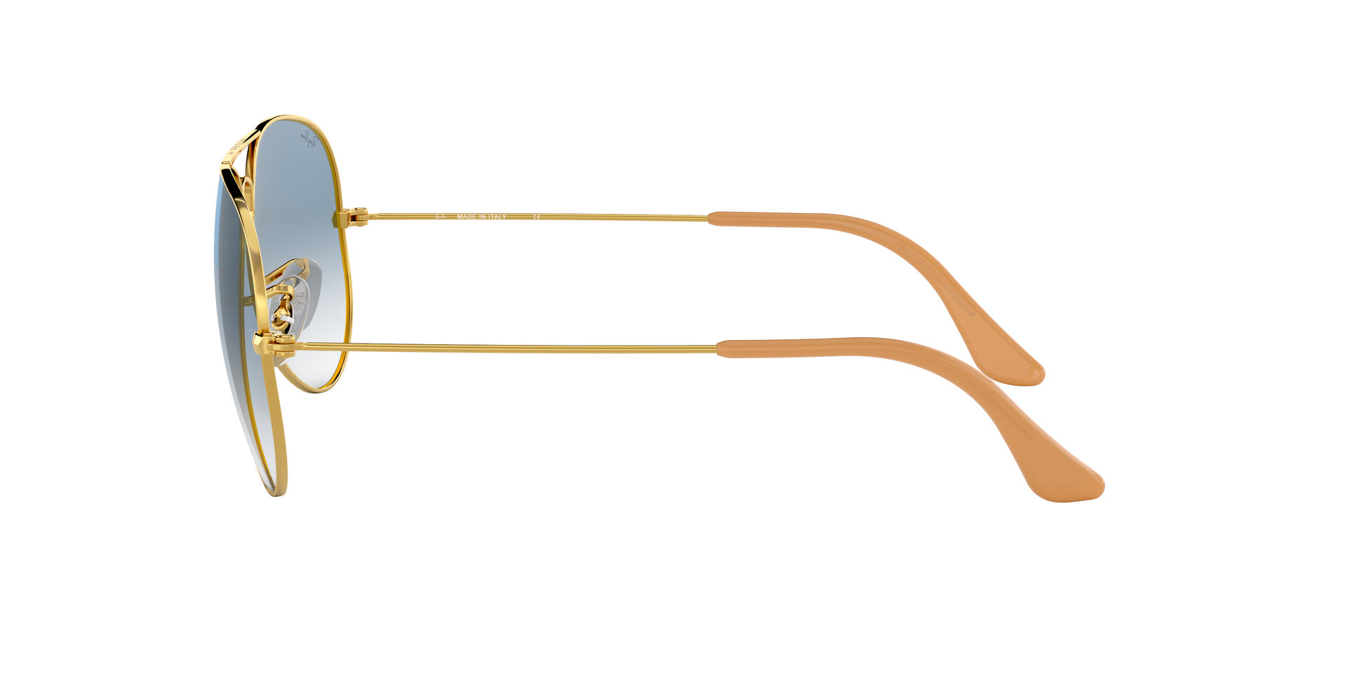 Ray-Ban Aviator Gradient RB3025 001/3F aviator sunglasses for unisex in full rim metal, with gold frame, and light blue lenses. 62mm in lens size, 14mm in bridge size, and 135mm in temple length.