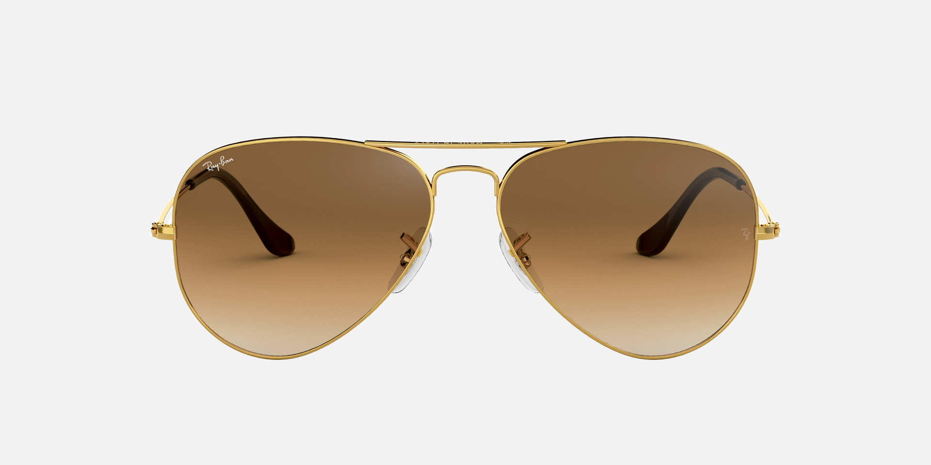 Ray-Ban Aviator Gradient RB3025 001/51 aviator sunglasses for unisex in full rim metal, with gold frame, and light brown lenses. 58mm in lens size, 14mm in bridge size, and 135mm in temple length.