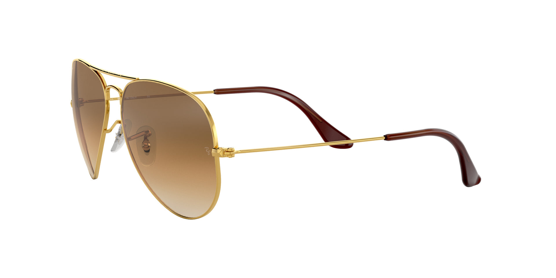 Ray-Ban Aviator Gradient RB3025 001/51 aviator sunglasses for unisex in full rim metal, with gold frame, and light brown lenses. 58mm in lens size, 14mm in bridge size, and 135mm in temple length.