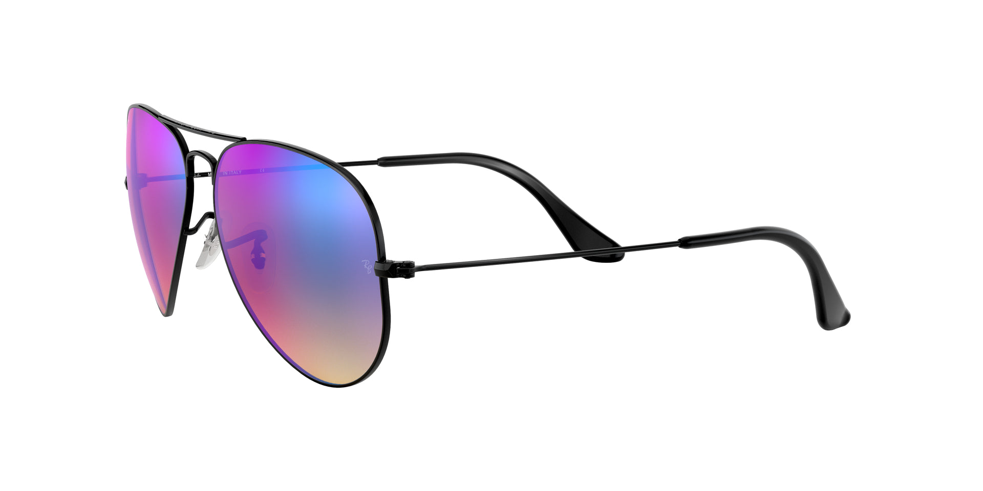 Ray-Ban Aviator Flash Lenses Gradient RB3025 002/4O aviator sunglasses for unisex in full rim metal, with black frame, and blue flash lenses. 62mm in lens size, 14mm in bridge size, and 140mm in temple length.