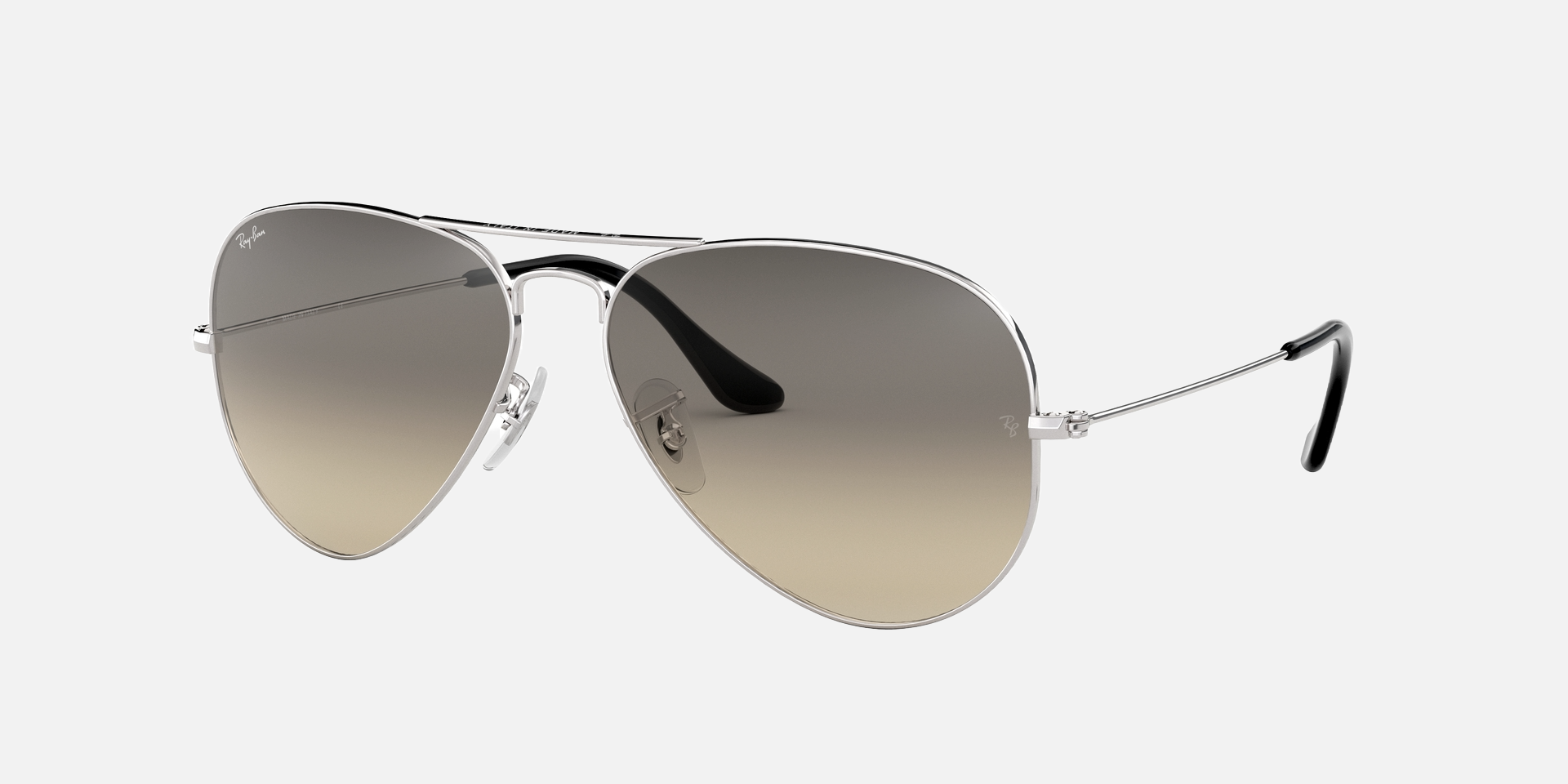 Ray-Ban Aviator Gradient RB3025 003/32 aviator sunglasses for unisex in full rim metal, with silver frame, and grey gradient lenses. 55mm in lens size, 14mm in bridge size, and 135mm in temple length.