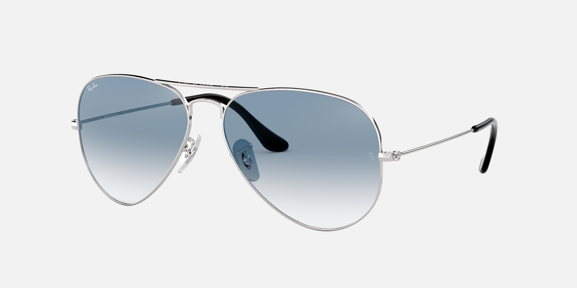 Ray-Ban Aviator Gradient RB3025 003/3F aviator sunglasses for unisex in full rim metal, with silver frame, and light blue gradient lenses. 55mm in lens size, 14mm in bridge size, and 135mm in temple length.