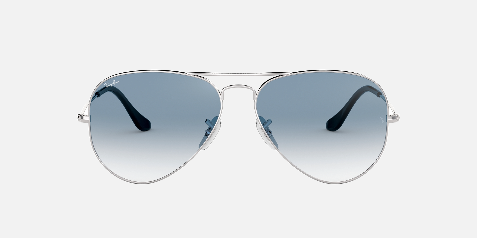 Ray-Ban Aviator Gradient RB3025 003/3F aviator sunglasses for unisex in full rim metal, with silver frame, and light blue gradient lenses. 58mm in lens size, 14mm in bridge size, and 135mm in temple length.