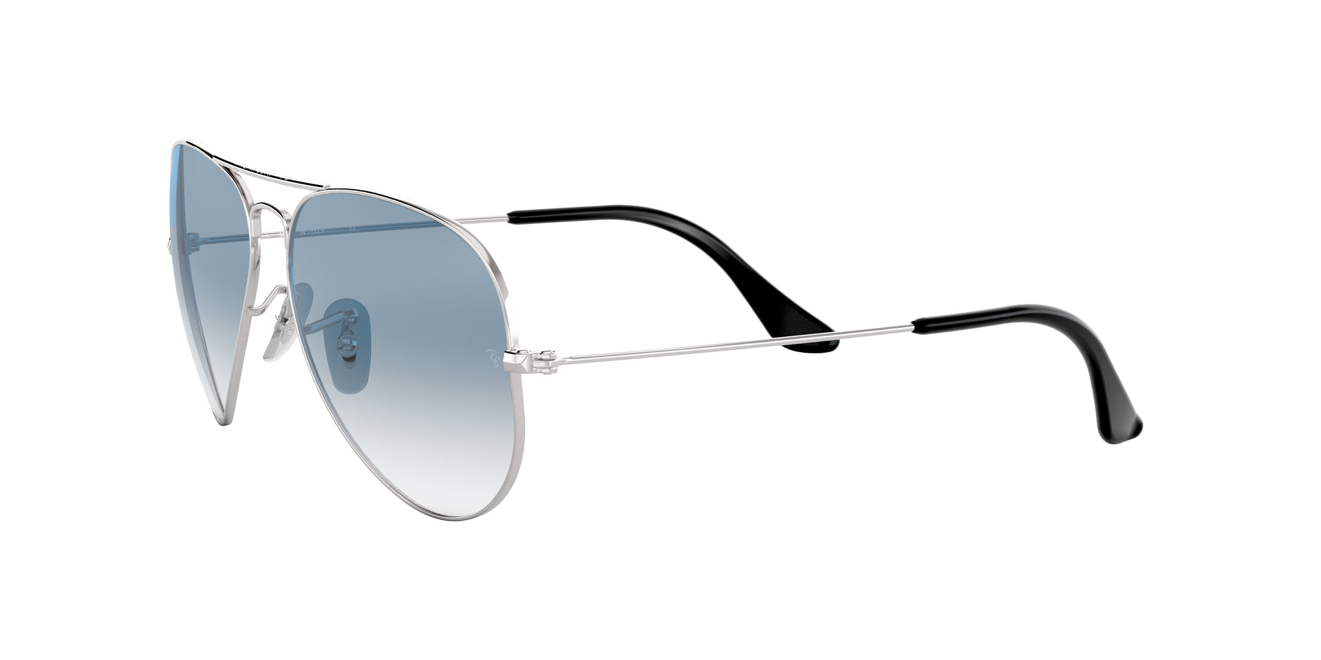 Ray-Ban Aviator Gradient RB3025 003/3F aviator sunglasses for unisex in full rim metal, with silver frame, and light blue gradient lenses. 62mm in lens size, 14mm in bridge size, and 140mm in temple length.