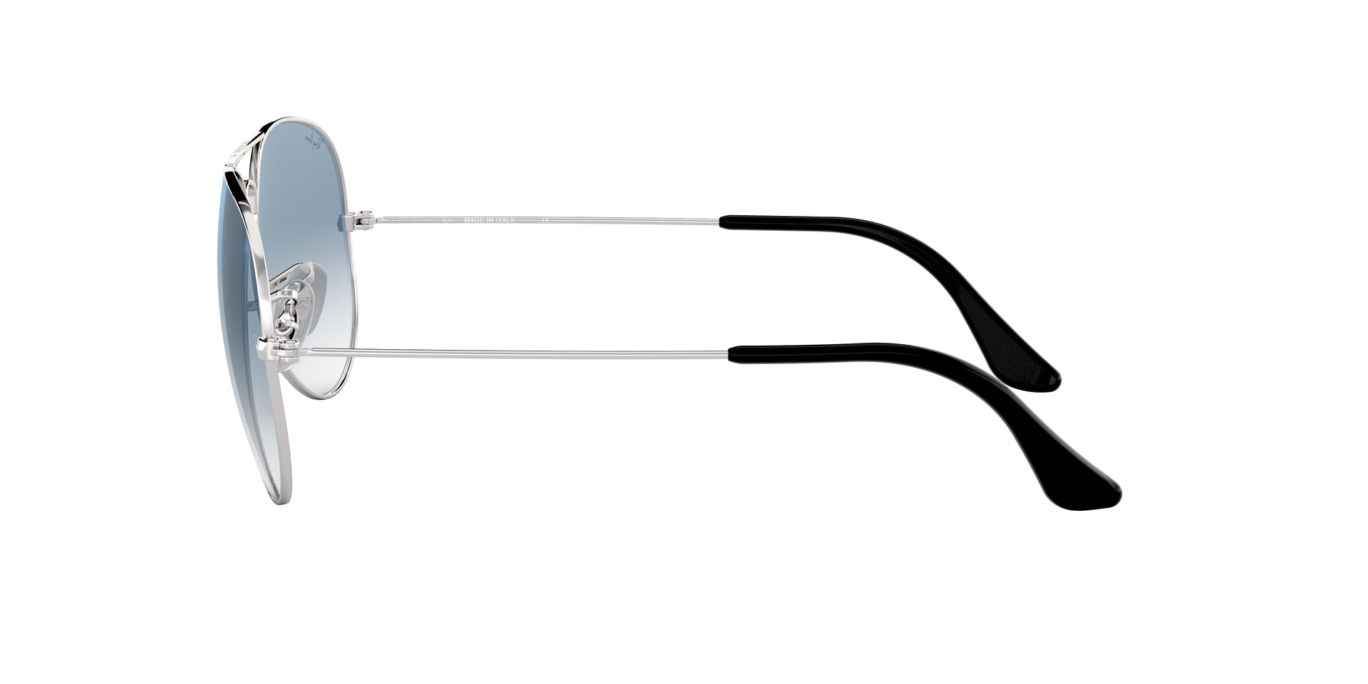 Ray-Ban Aviator Gradient RB3025 003/3F aviator sunglasses for unisex in full rim metal, with silver frame, and light blue gradient lenses. 62mm in lens size, 14mm in bridge size, and 140mm in temple length.